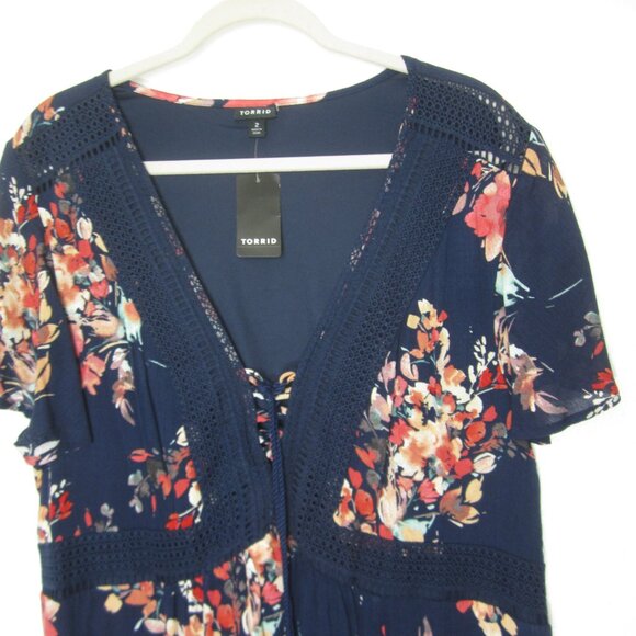Torrid NEW 2 2X Navy Blue Coral Floral Skater Dress Gauze Short Sleeve V Neck - Picture 6 of 16
